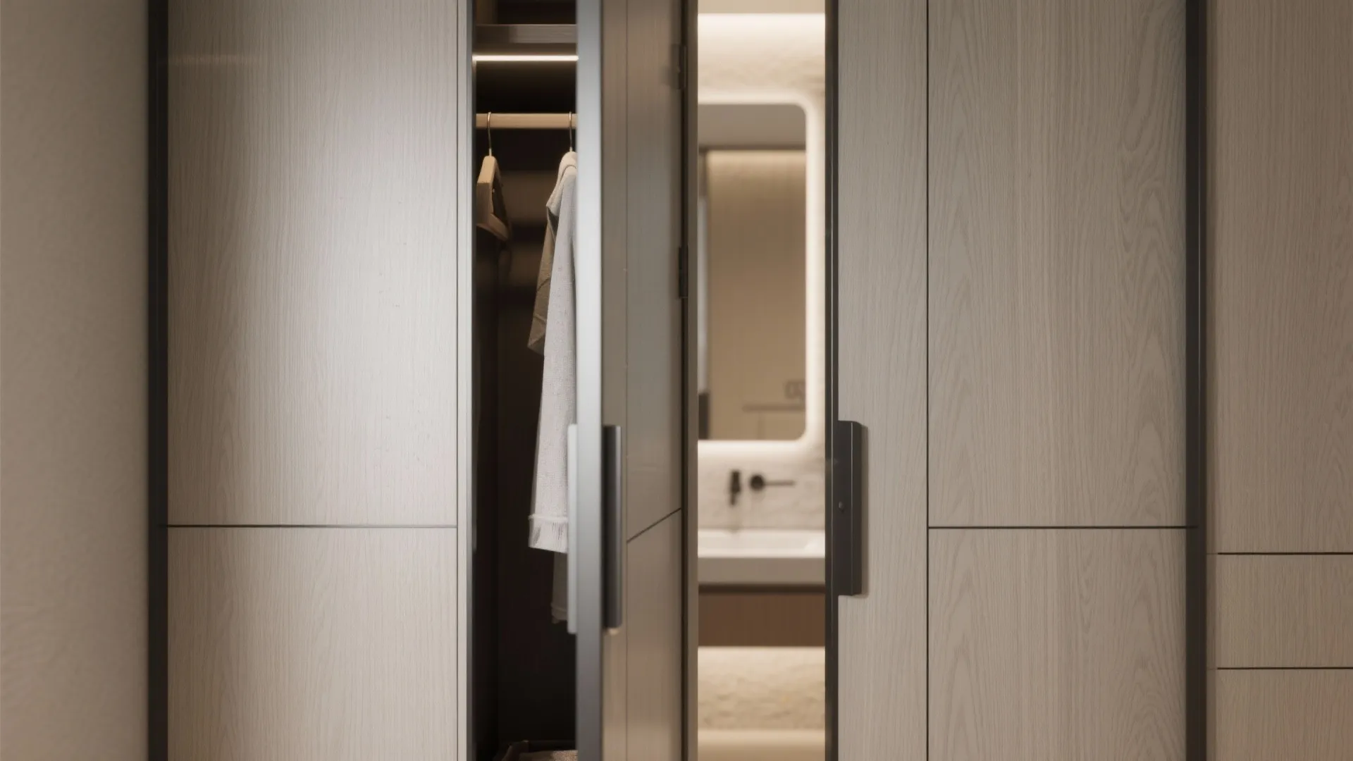 Light wood sliding door opening to show a bathroom sink mirror and a small closet