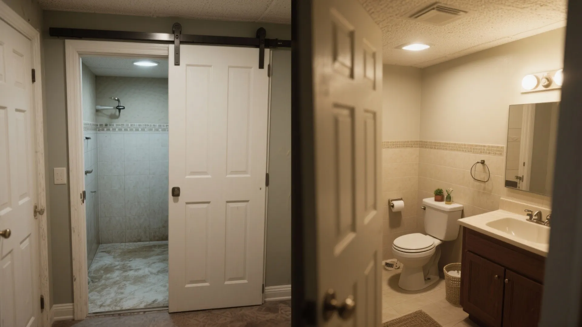 White sliding barn door opening into a small bathroom with walk in shower and toilet