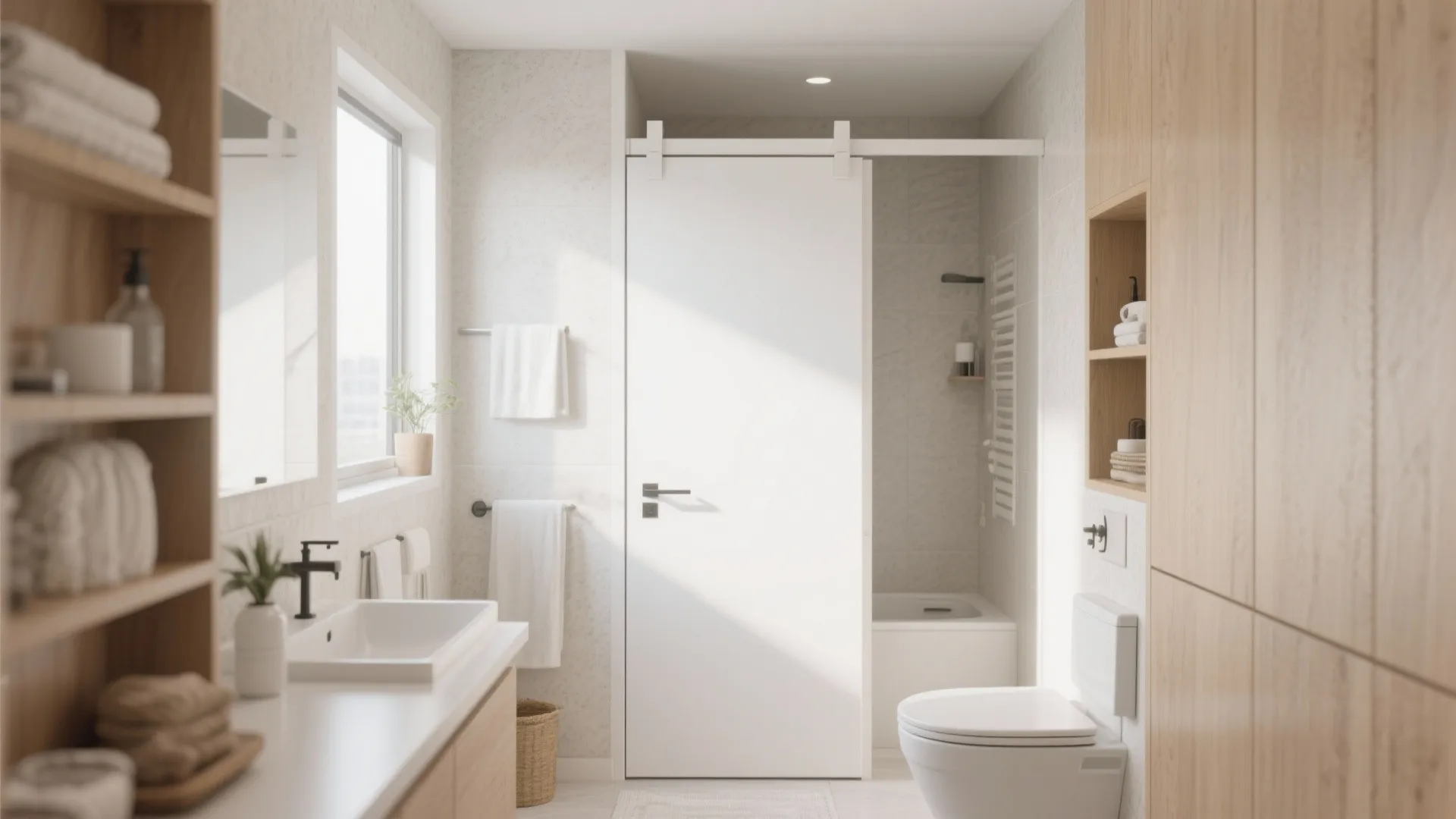 Modern bright bathroom featuring white sliding door with wood cabinets plus white sink and toilet