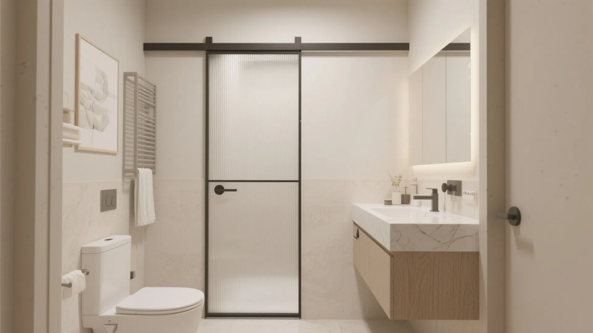 Minimalist bathroom interior featuring a black frame sliding glass door, white toilet, and wooden cabinet