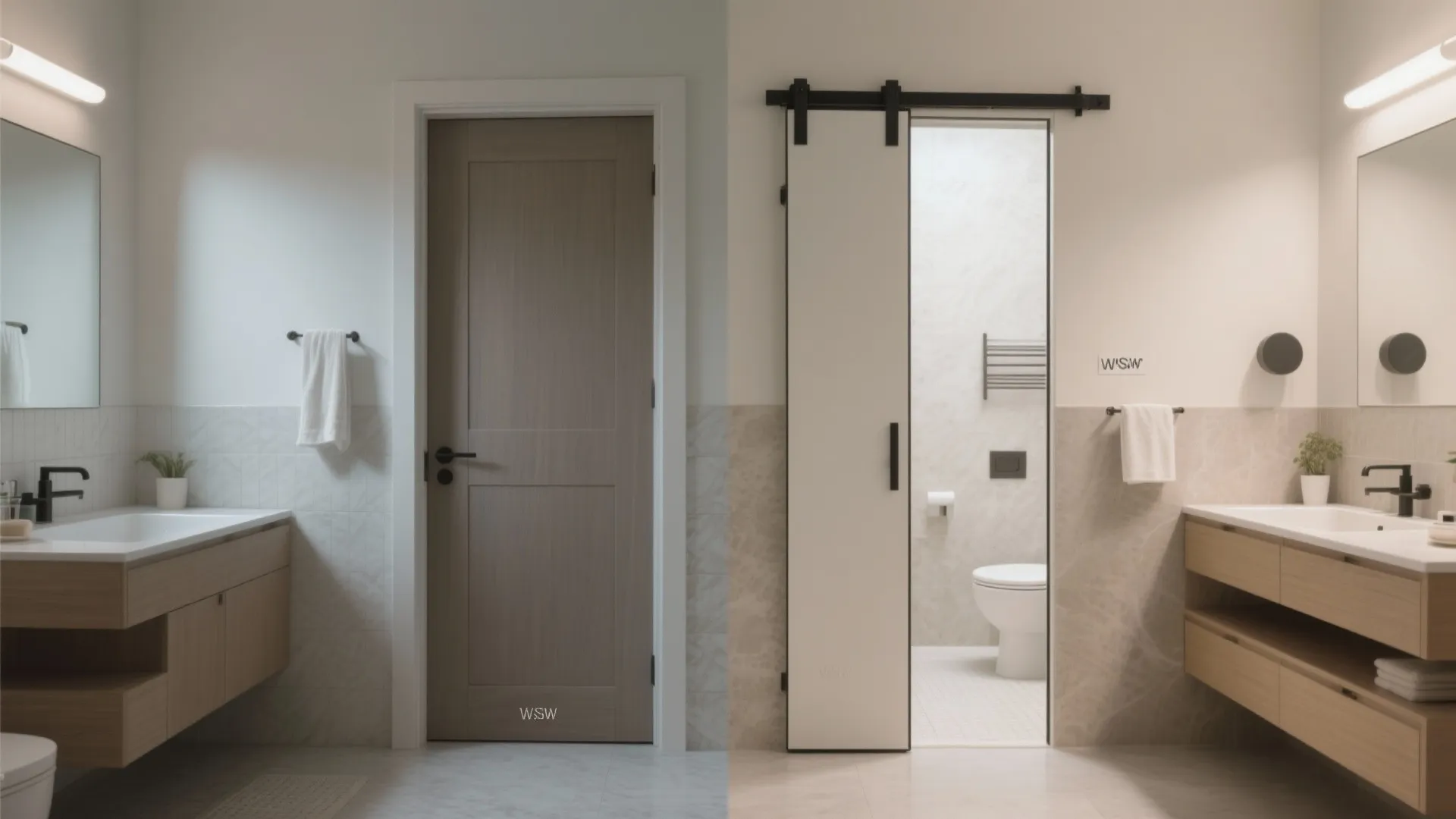 Comparison of a standard swing door versus a space saving sliding door in a bathroom