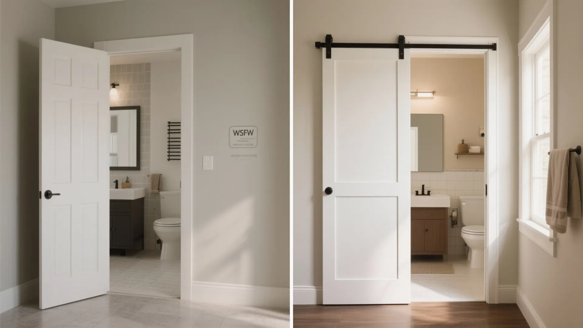 Side by side comparison of a traditional swinging white door and a sliding barn door