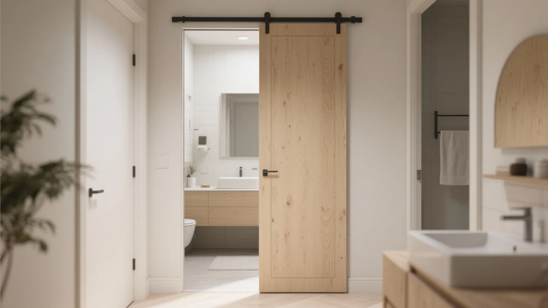 Modern bathroom entry featuring a light wood sliding barn door with black metal hardware track