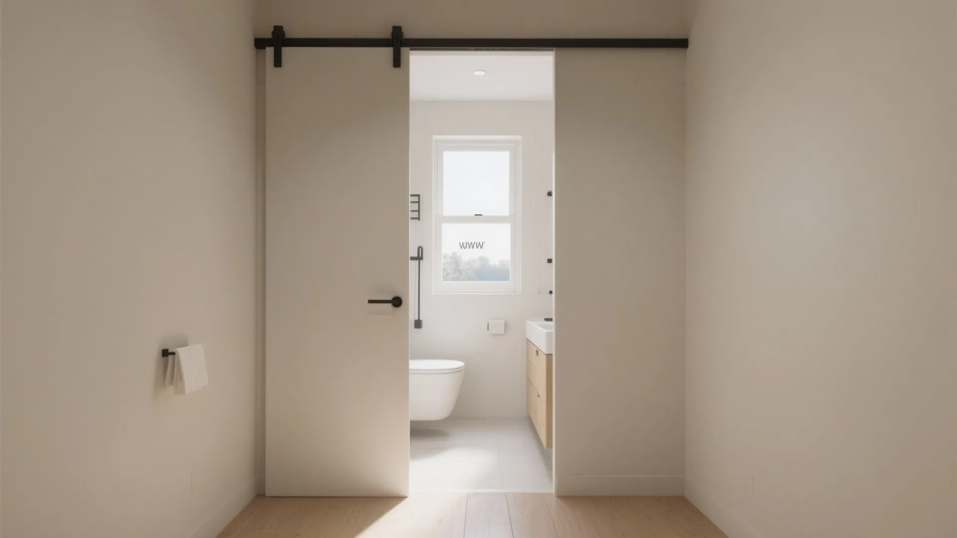 Small bathroom with a space-saving pocket door
