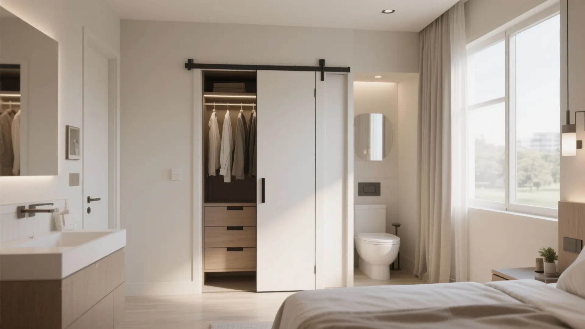 Modern bathroom and bedroom with sliding door closet toilet sink mirror and large bright window