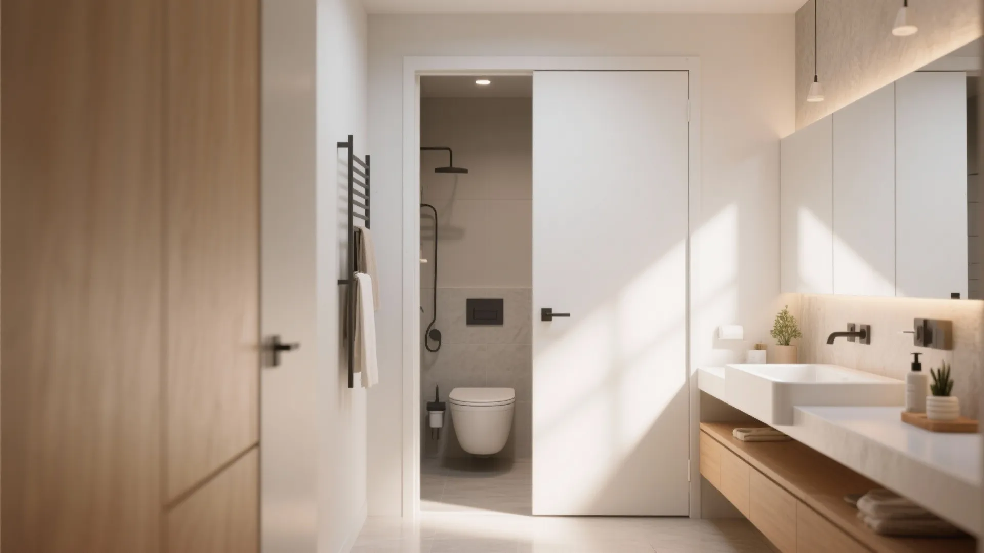 Bright bathroom with white sliding door wooden cabinet double sink and view of the toilet
