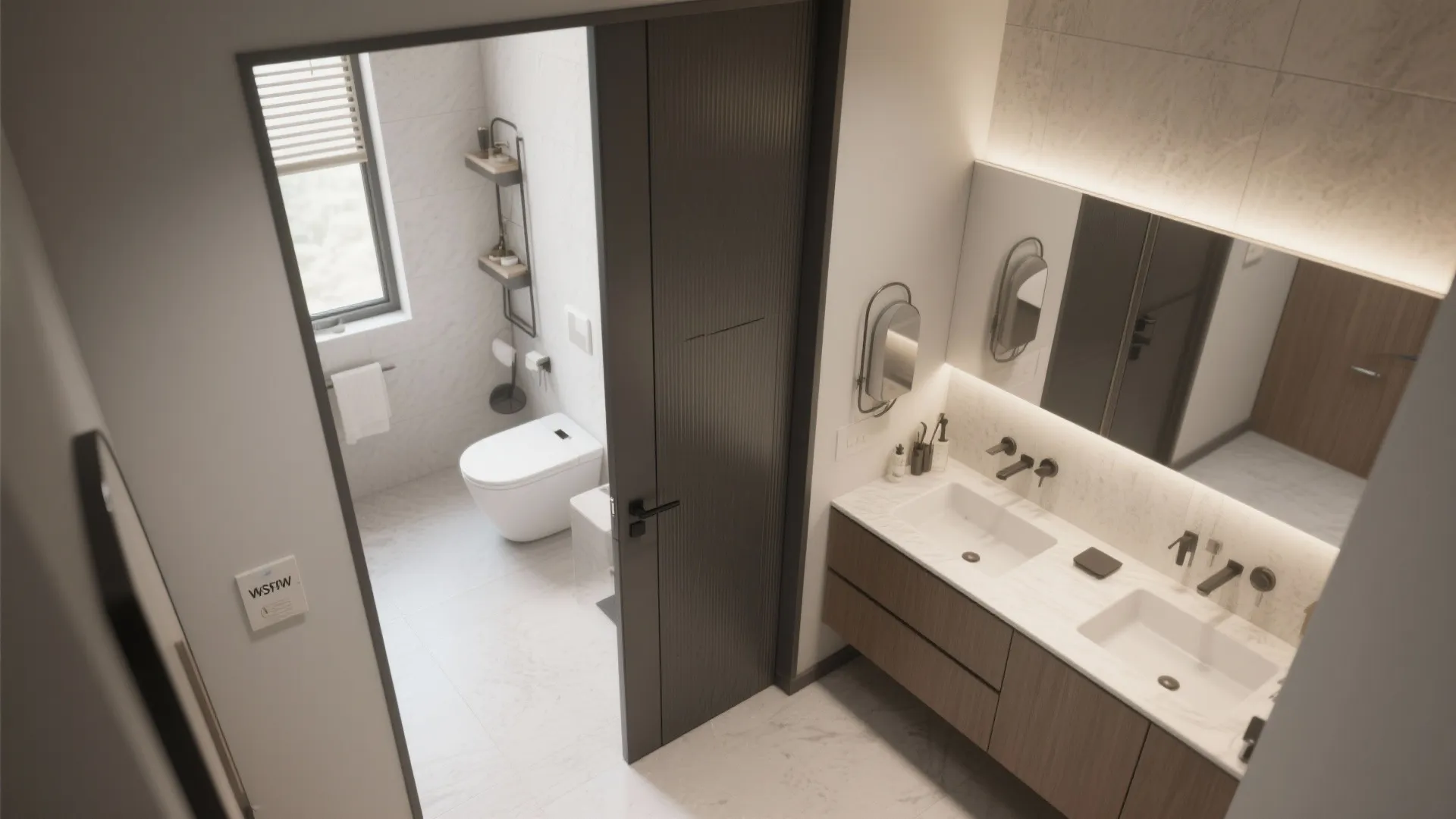 Modern bathroom view showing double sink cabinet mirror and a separate toilet area with window