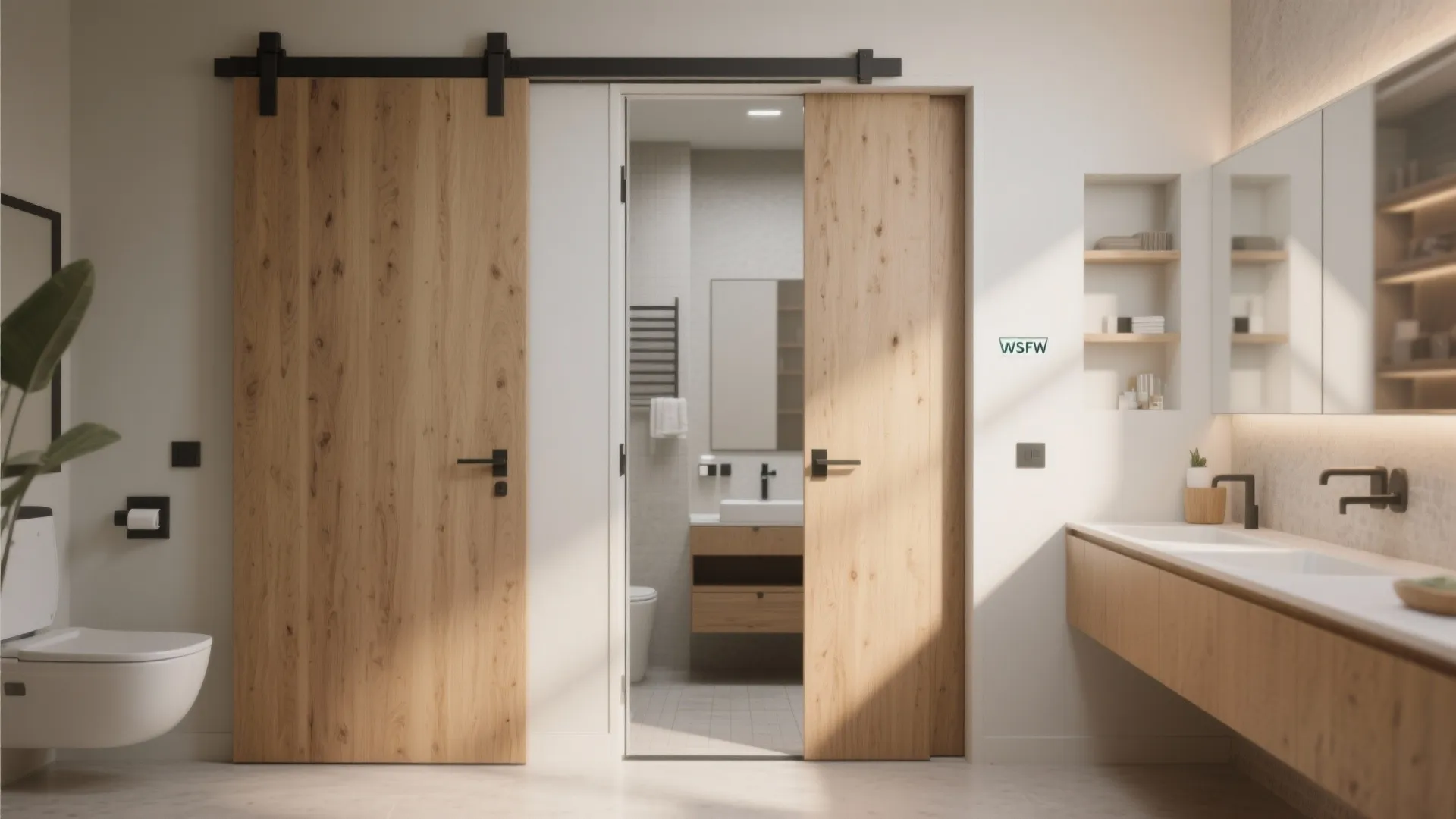 Bright bathroom interior featuring wooden sliding doors white toilet vanity unit and light colored tiled walls