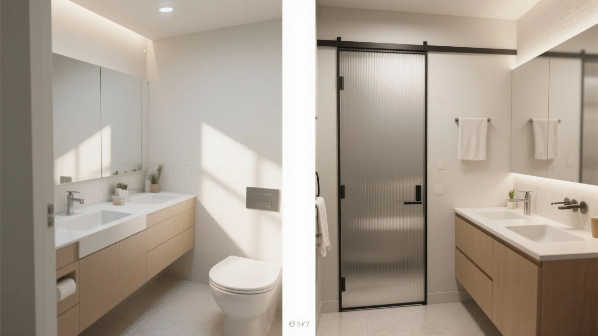Two images showing a minimalist bathroom layout with double sink cabinet toilet and sliding door