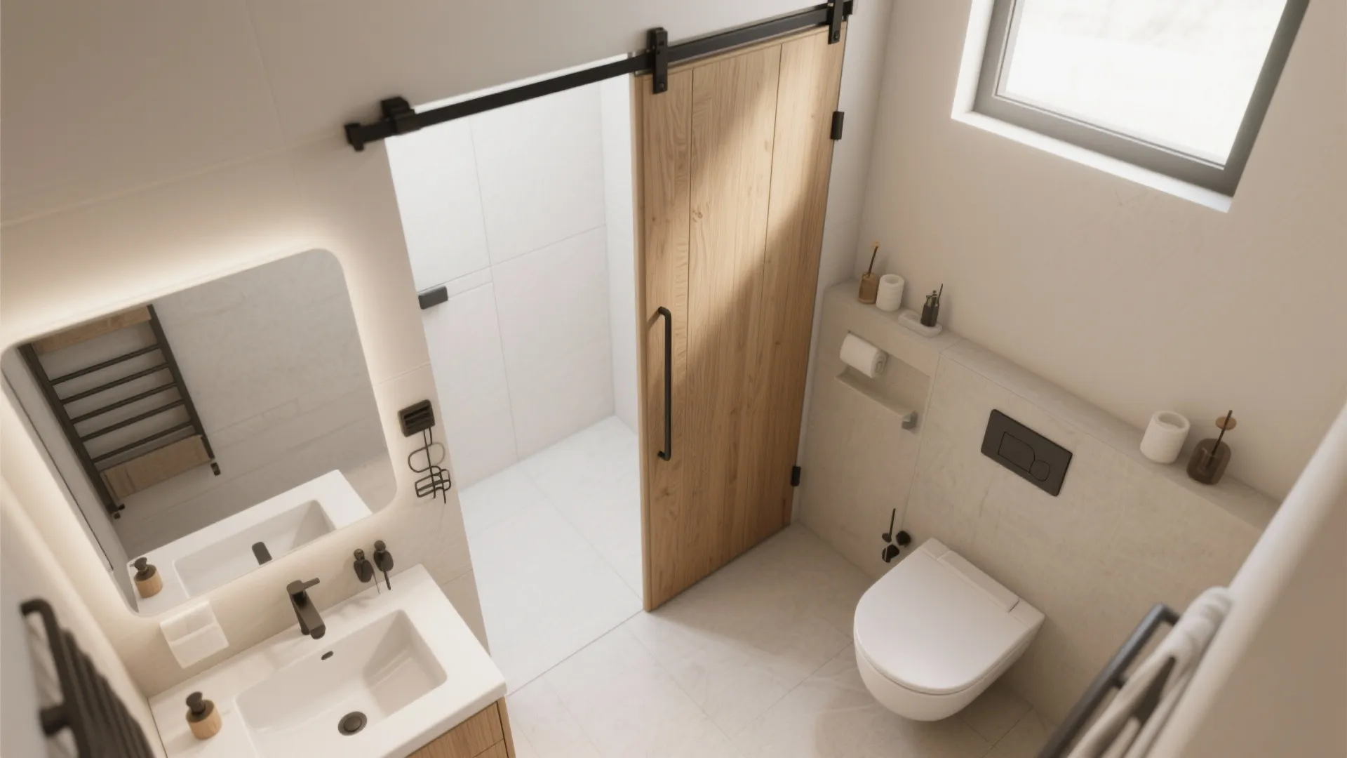 Modern bathroom with wooden sliding door white sink toilet small window and bright natural light