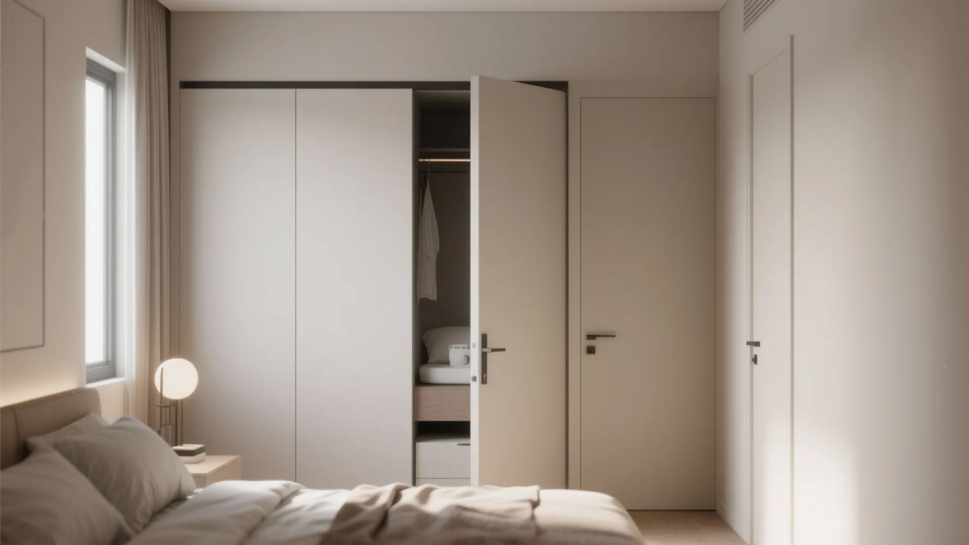 Modern bedroom featuring a white built-in cabinet with an open door showing shelves and clothes
