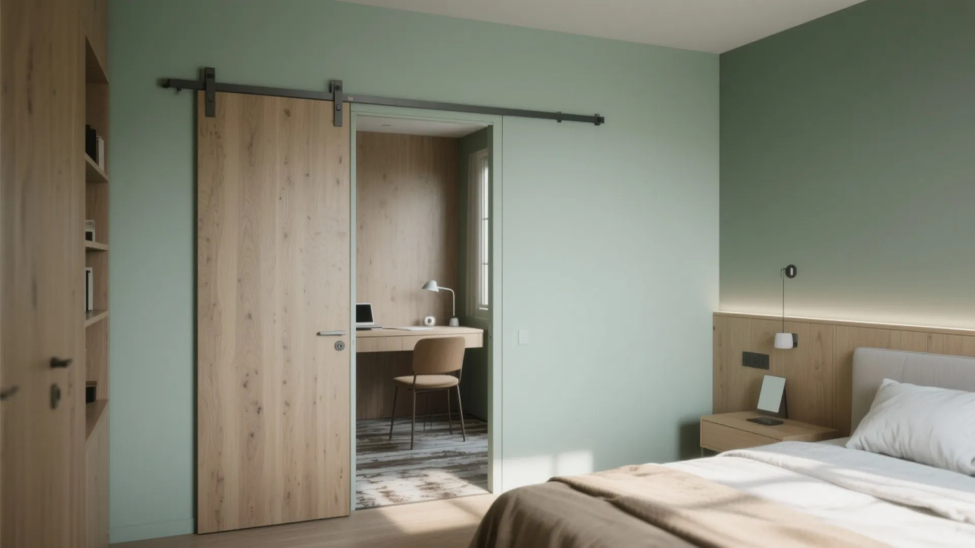Modern green bedroom featuring a sliding wood door that opens into a small home office