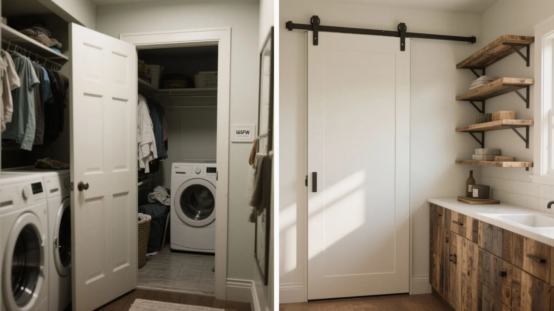 Side by side comparison of a traditional laundry room door versus a sliding barn door