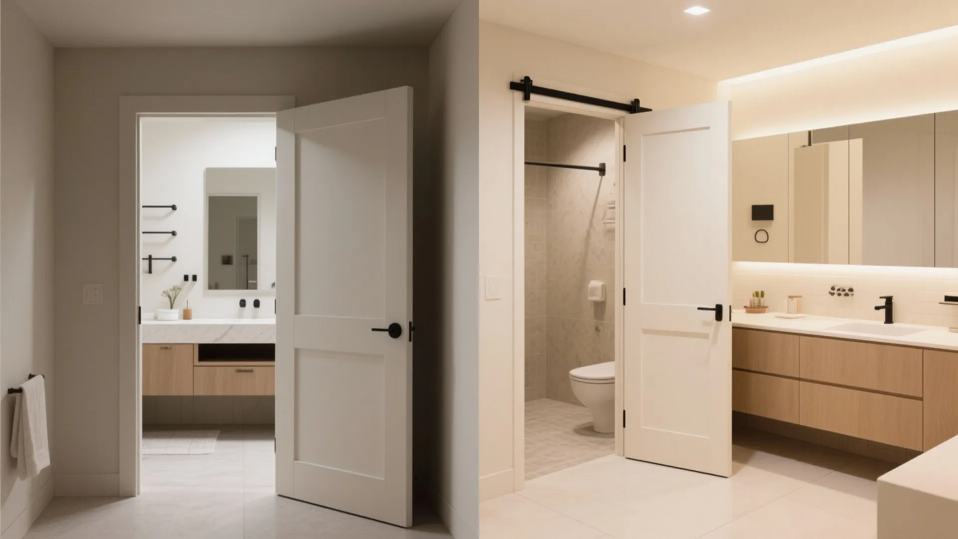 Before and after comparison showing a traditional white door versus a modern black sliding door