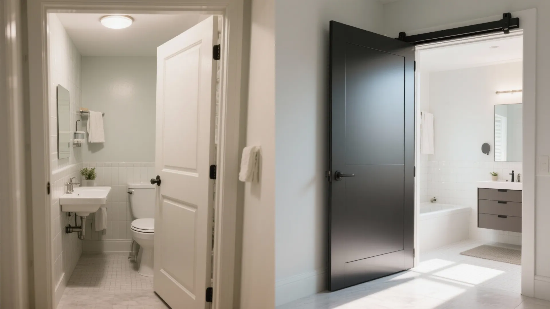 Before and after comparison showing a white swinging door replaced by a black sliding door