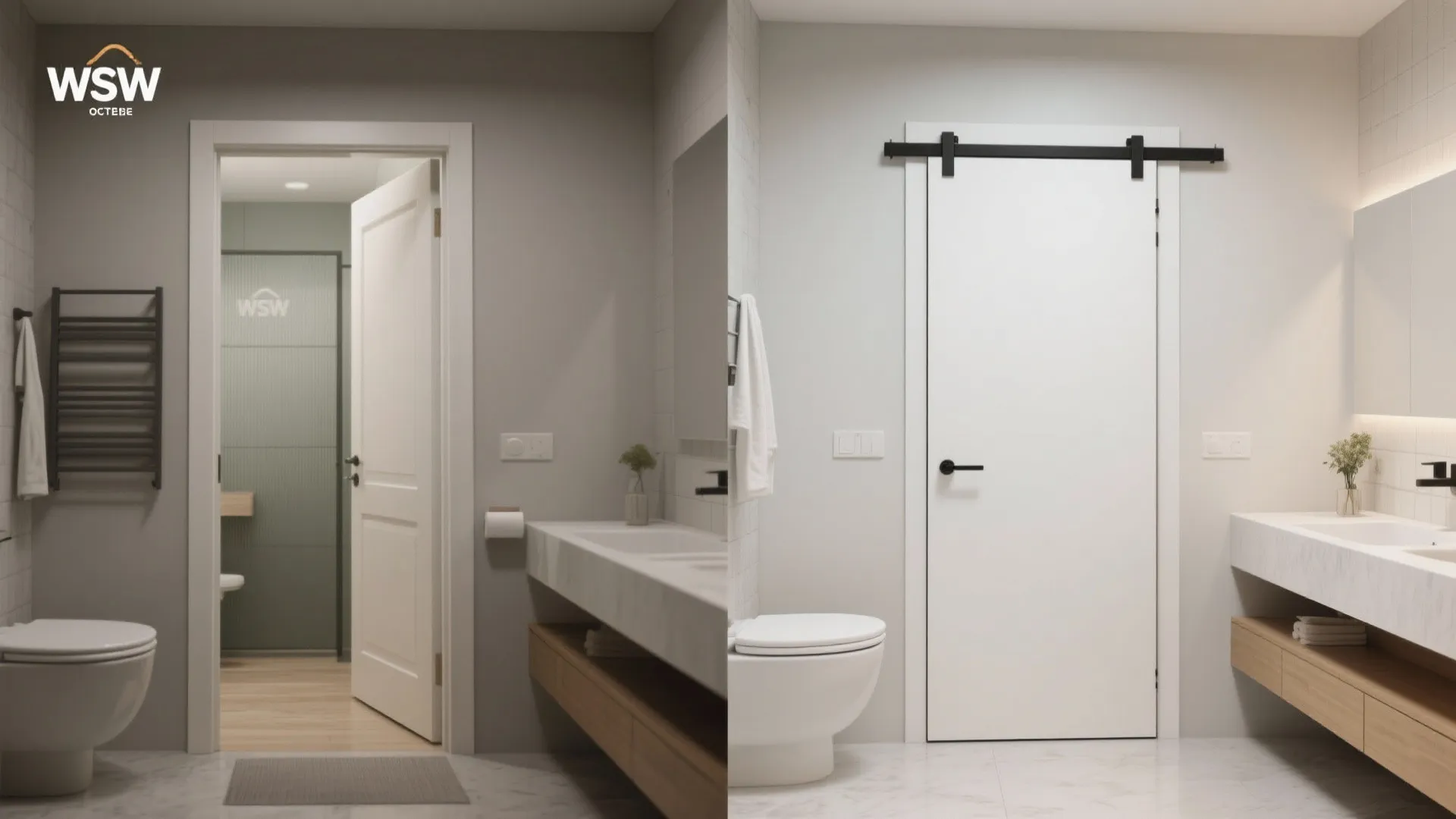 Before and after comparison of a regular swinging door replaced by a white sliding door