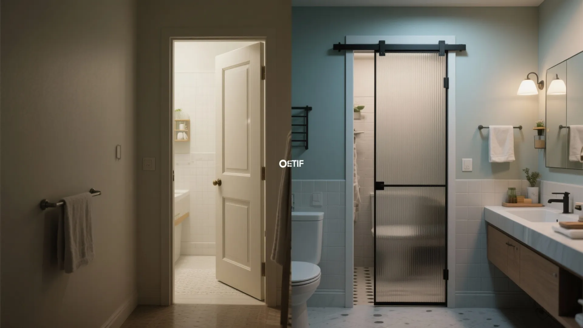 Before and after comparison of a white swing door versus a modern sliding glass door design
