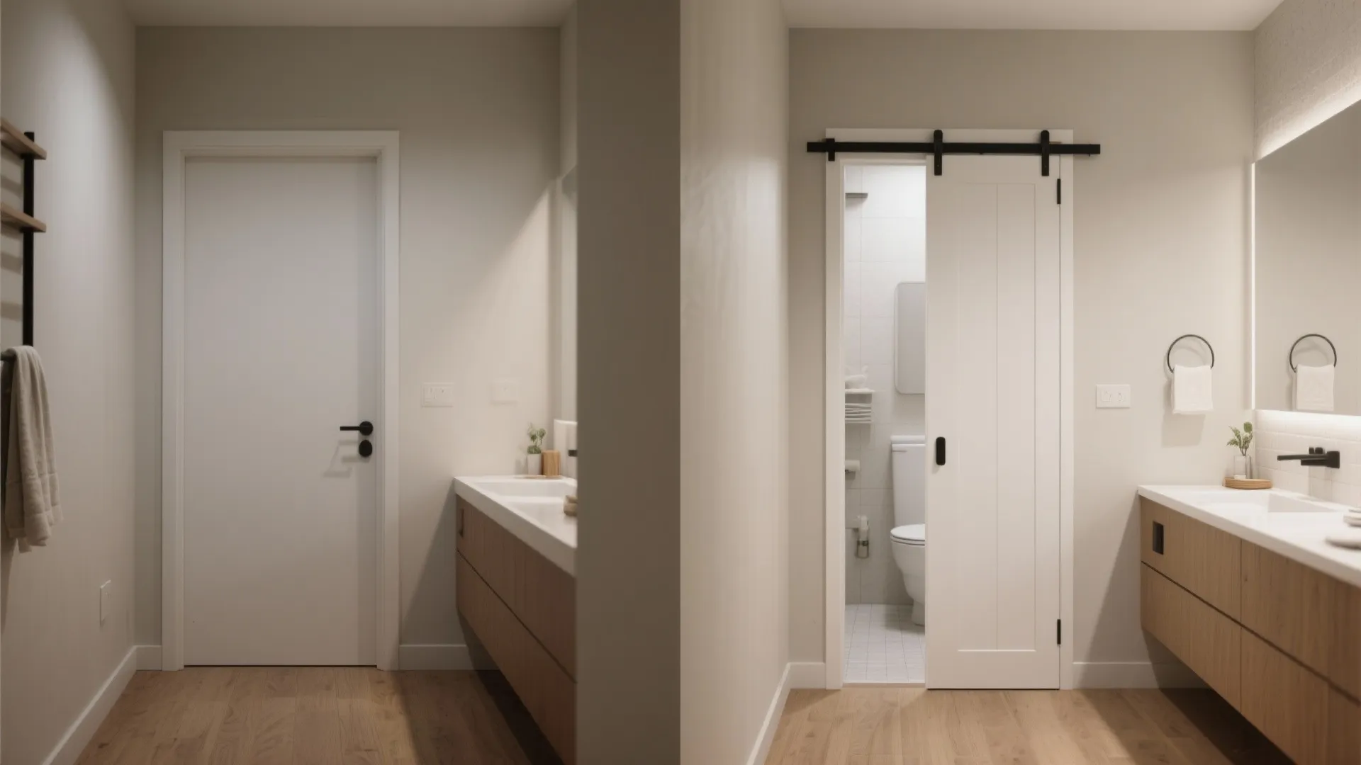 Before and after comparison of standard white hinged door versus modern white sliding barn door