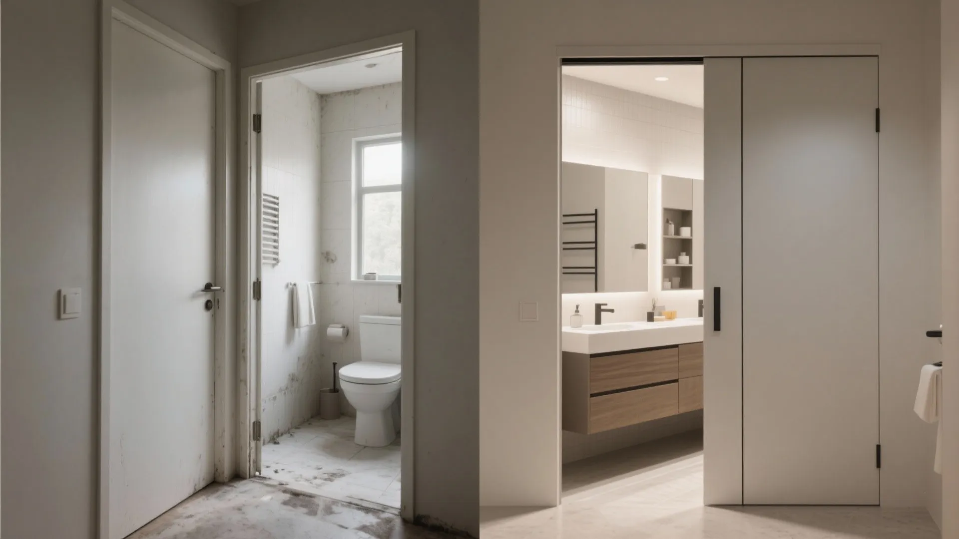 Before and after comparison of old messy bathroom vs modern renovation with sliding white door