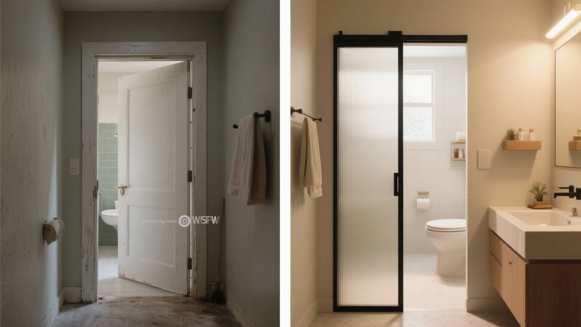 Before and after comparison showing old white wooden door versus modern black sliding glass door