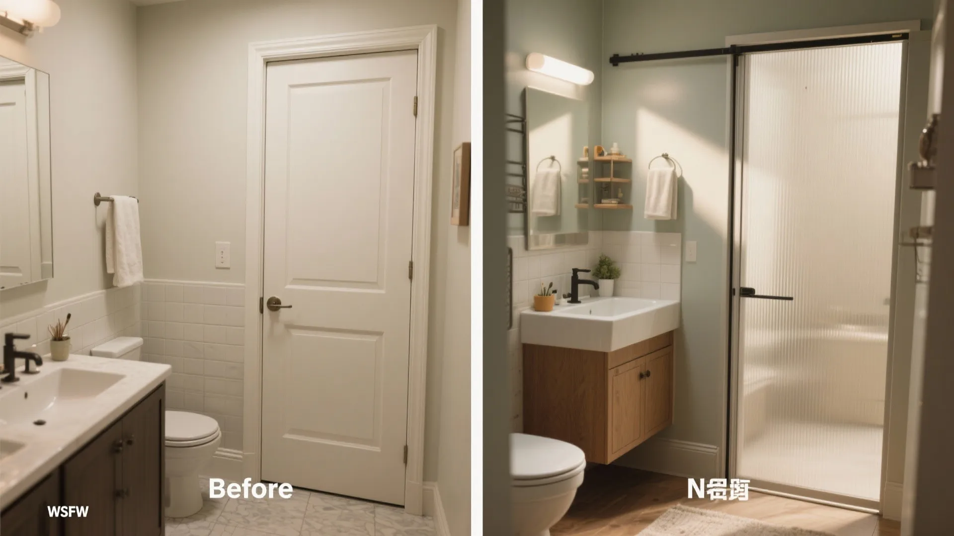 Comparison showing space gained by switching to pocket door