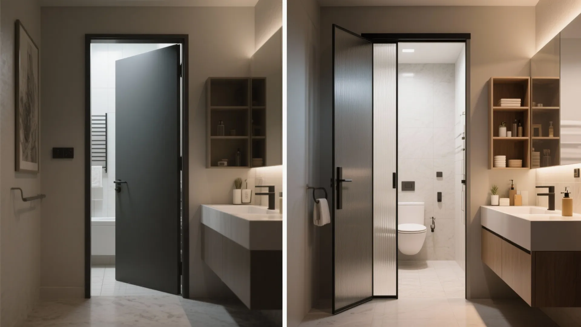 Before and after comparison showing a standard black door replaced with a glass sliding door