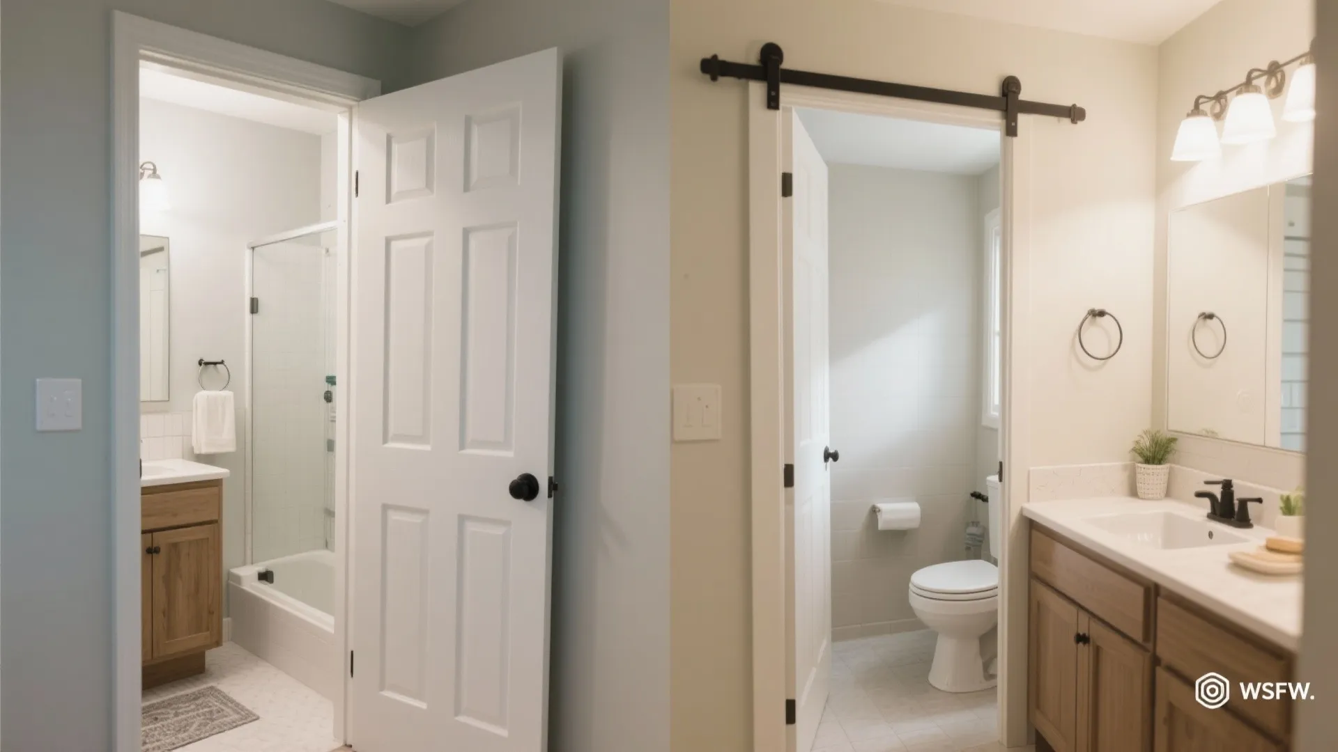 Before and after of a bathroom replacing swing door with pocket door