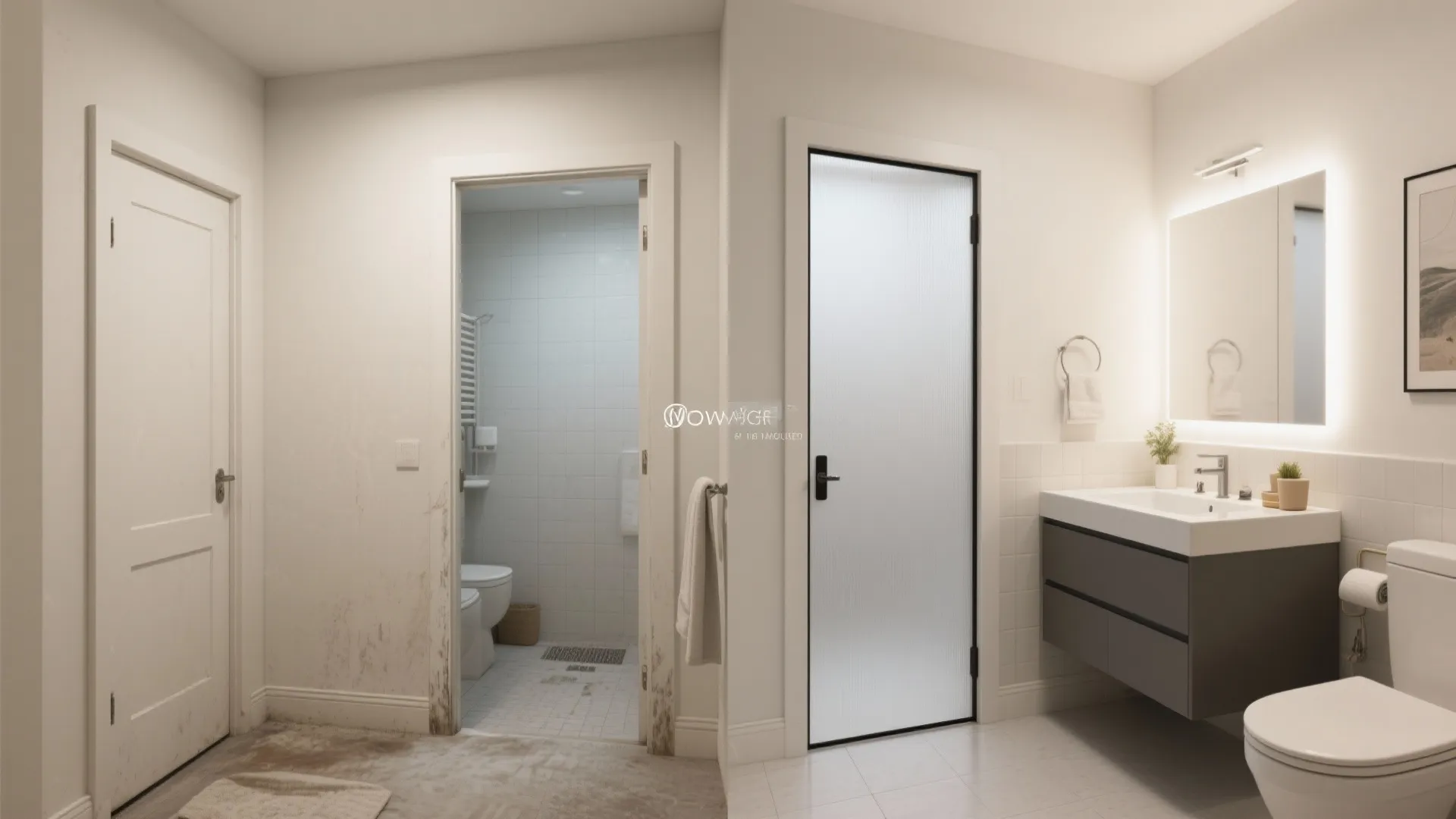 Before and after comparison of old bathroom entrance versus new modern bathroom with frosted glass door