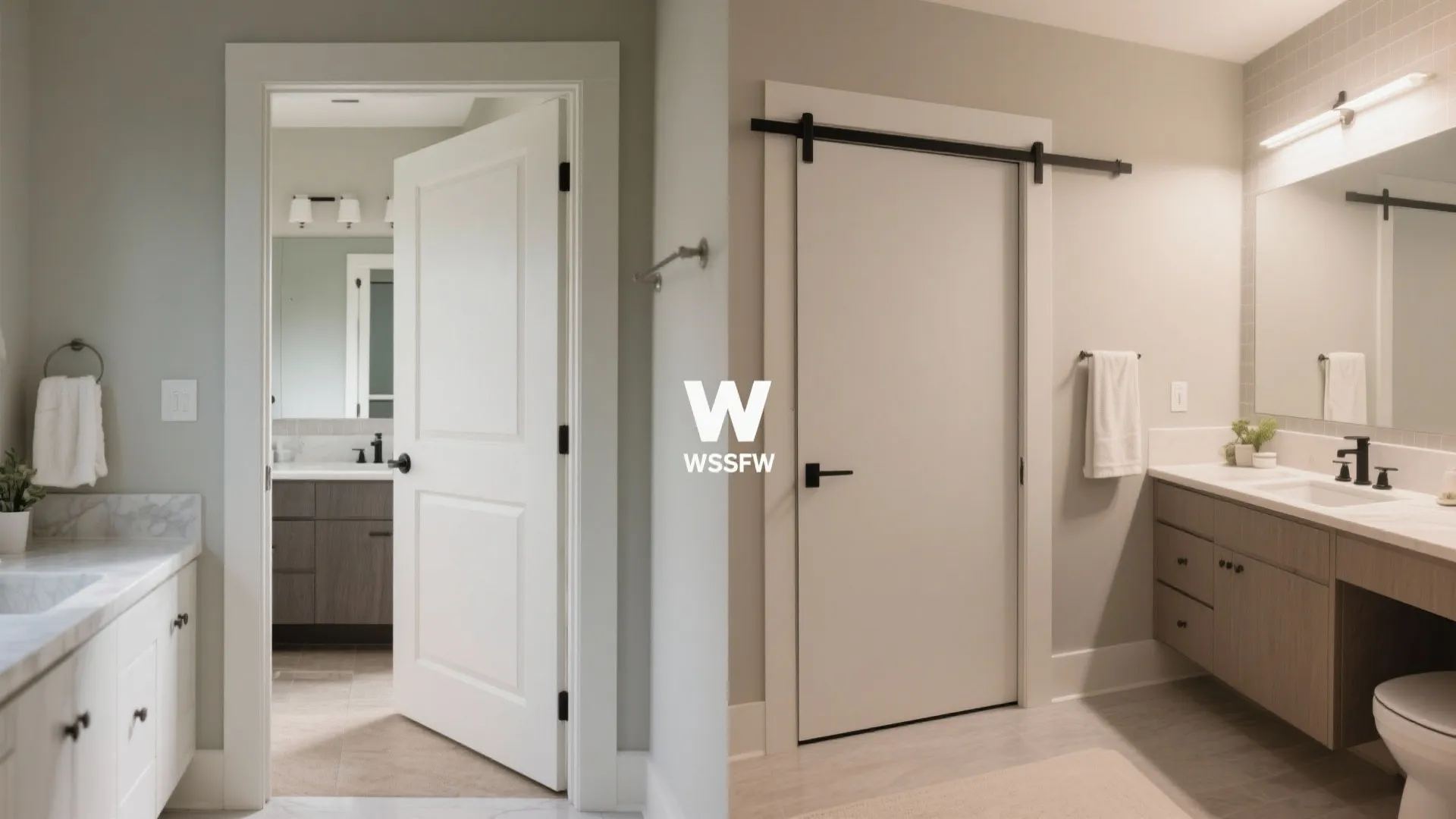 Before and after comparison of a standard swinging white door versus a modern sliding door