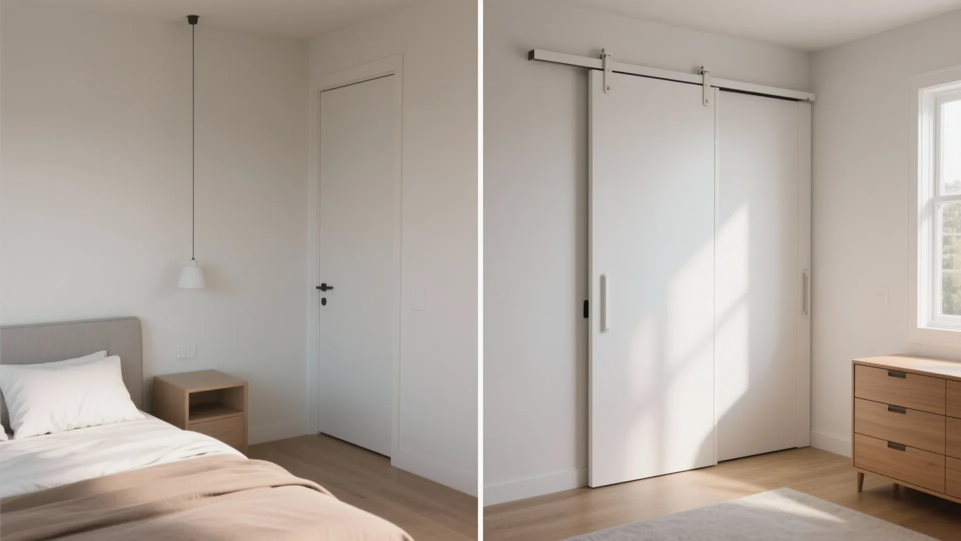 Before and after replacing swing door with pocket door