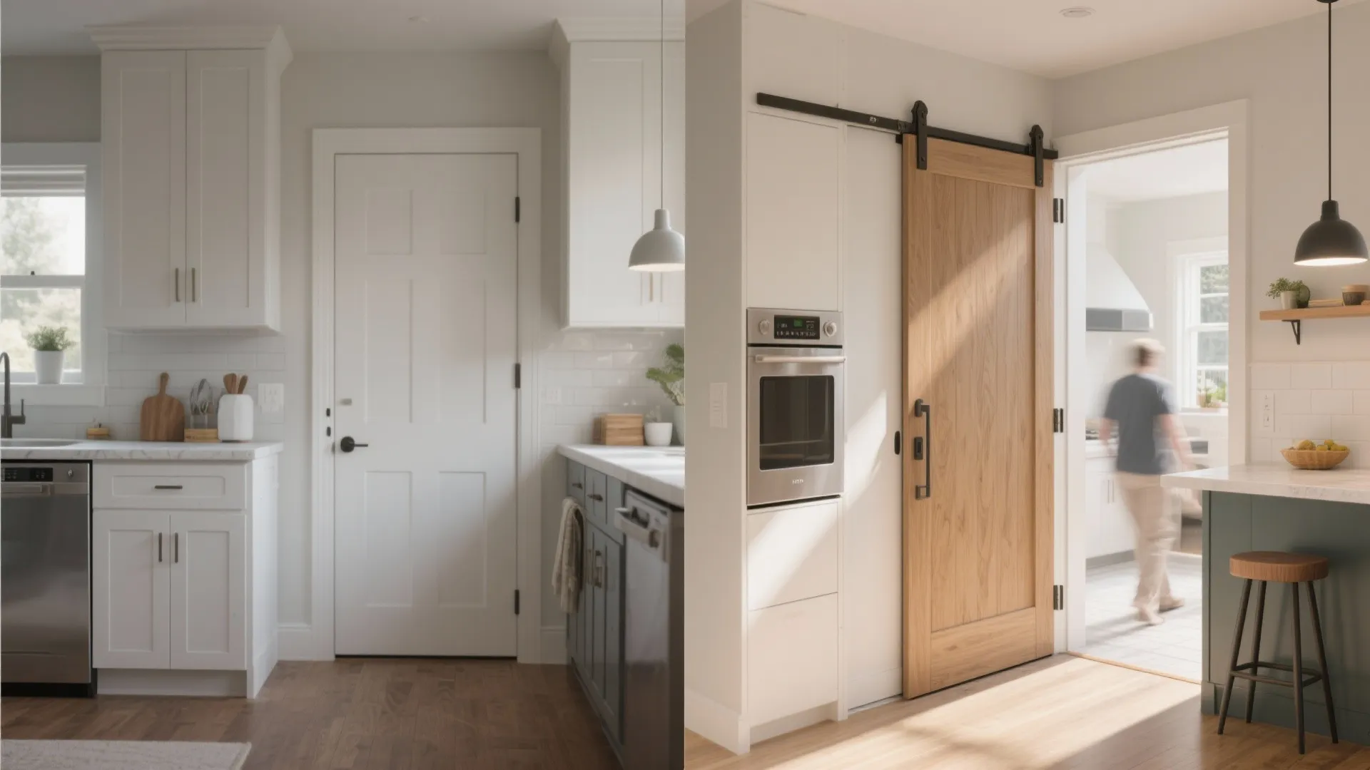 Before and after comparison showing a standard white swinging door replaced by a wood sliding door