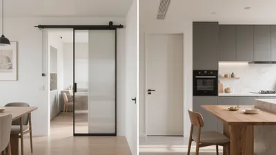Modern Kitchen & Dining Space with Sleek Gray Cabinetry
