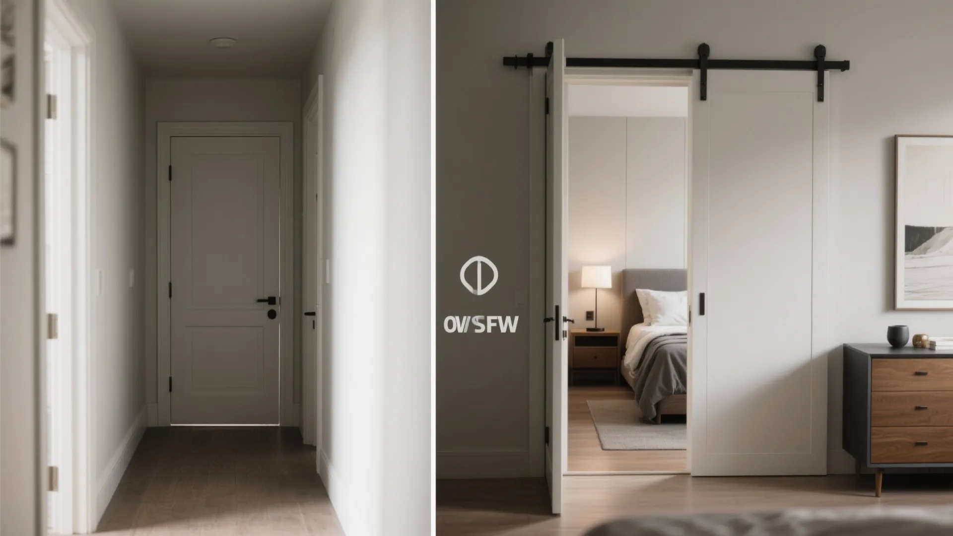 Before-and-after showing a pocket door solution that reclaims hallway space for a dresser.