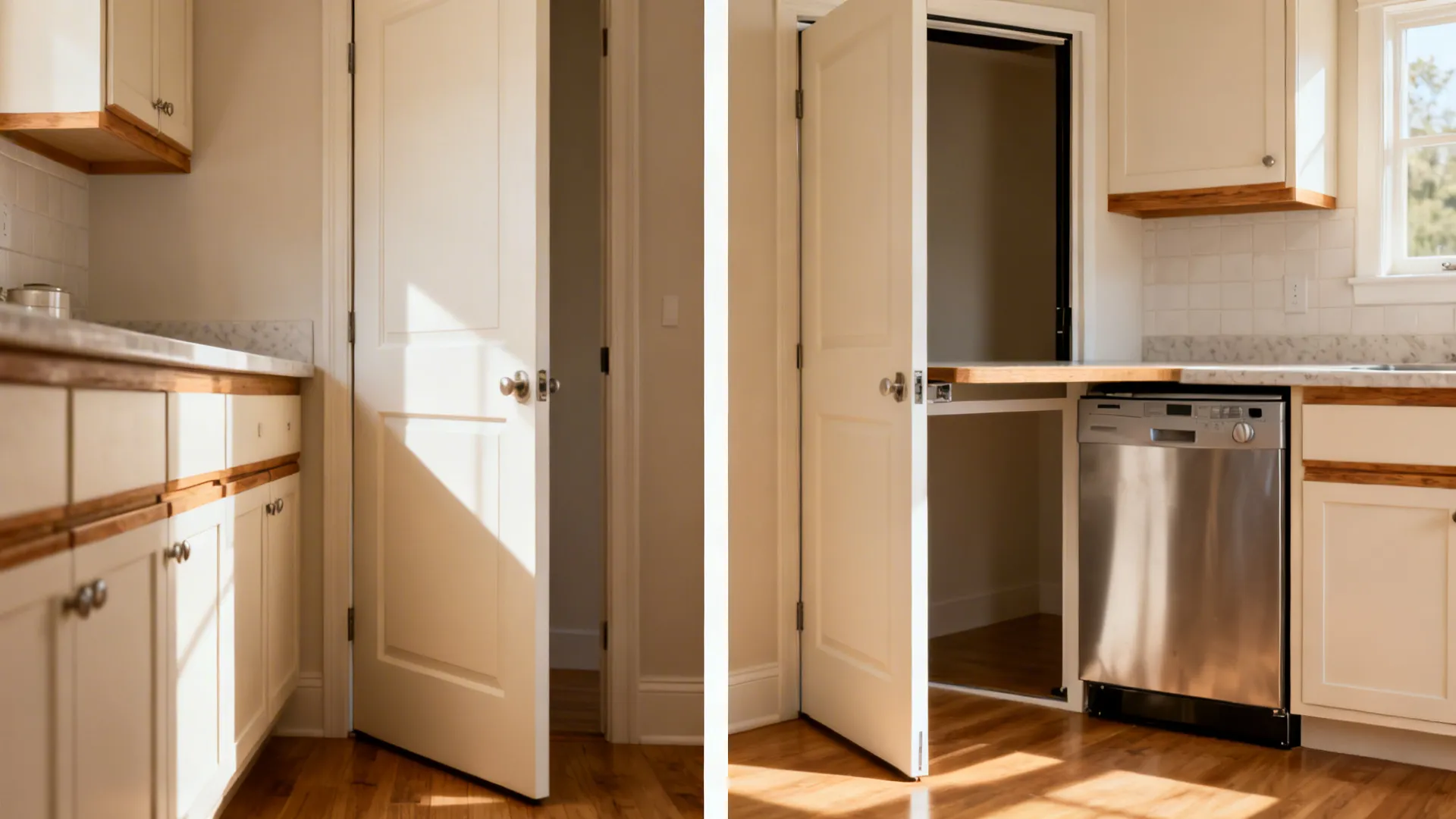 Before-and-after of a kitchen entry switching from a swing door to a pocket door to extend counter space.