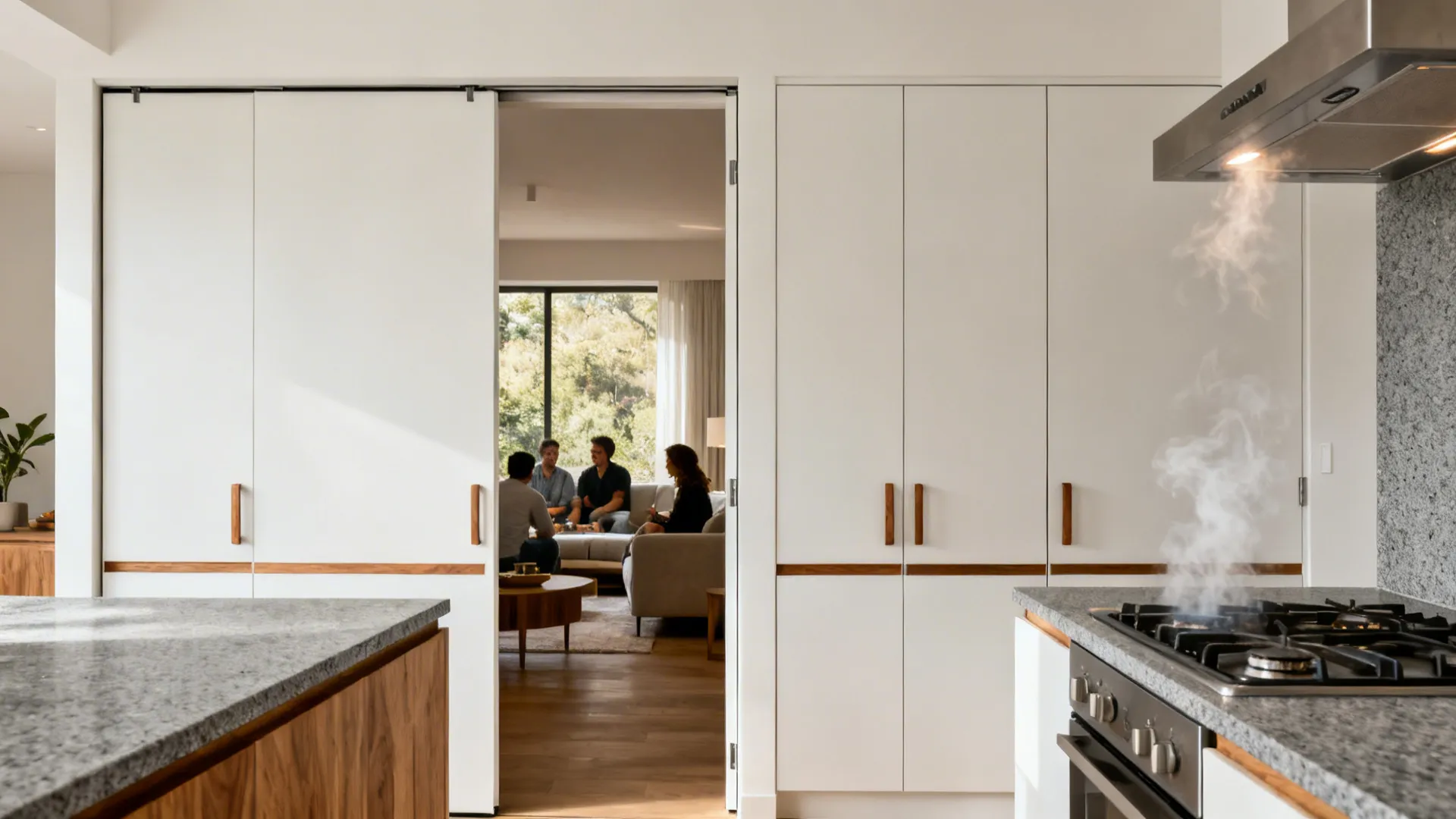 Split scene showing the kitchen open with hidden pocket doors and closed with doors sealing cooking area.