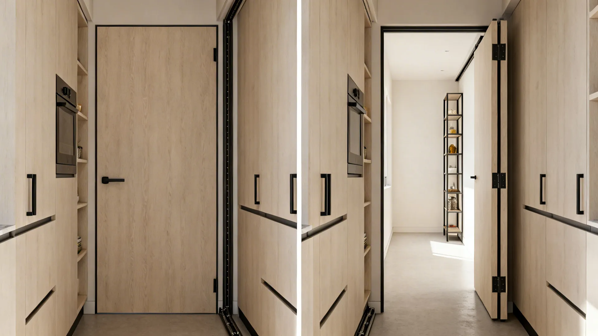 Narrow galley with hinged door versus pocket door showing wider circulation and a slim rack.