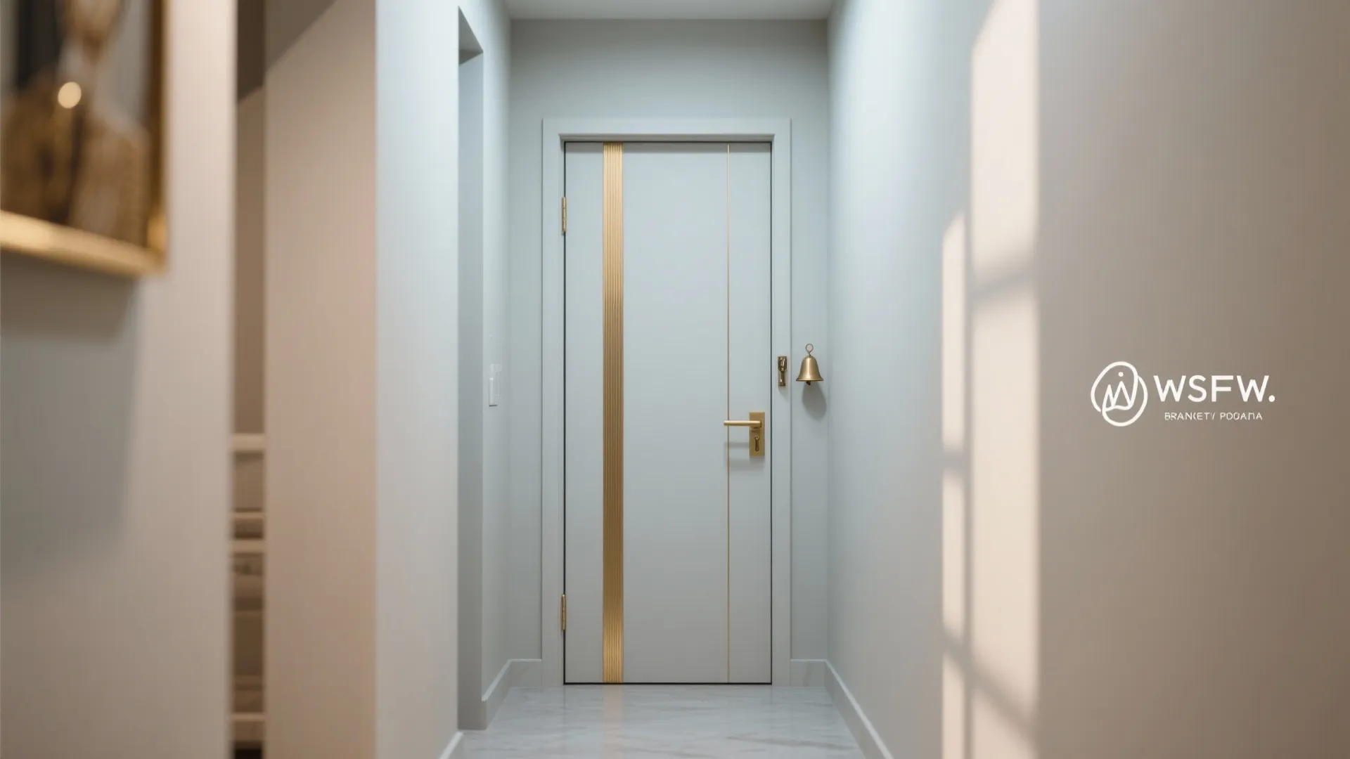 Narrow hallway with a sliding pocket pooja door featuring a slim vertical bell strip.