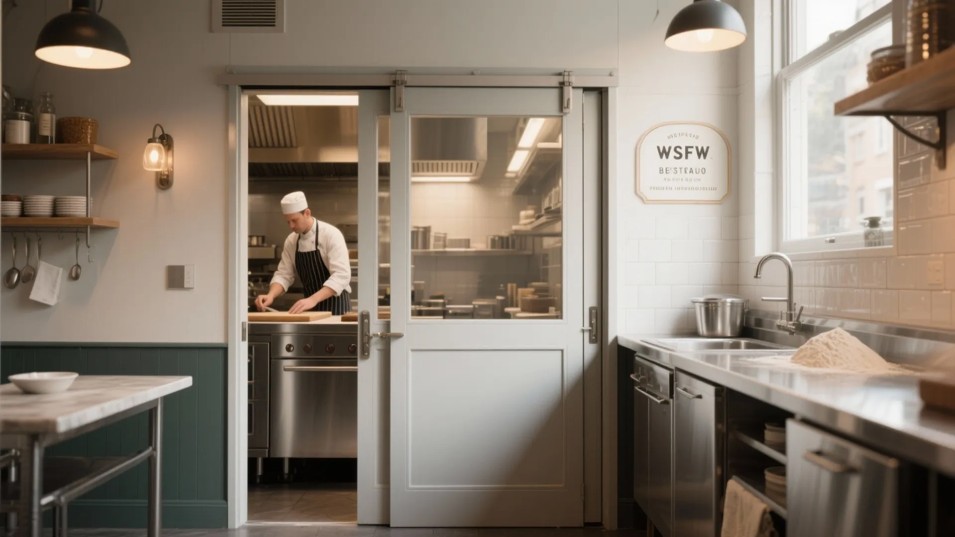 Pocket sliding door retracted, showing extra prep table in a compact bistro kitchen.
