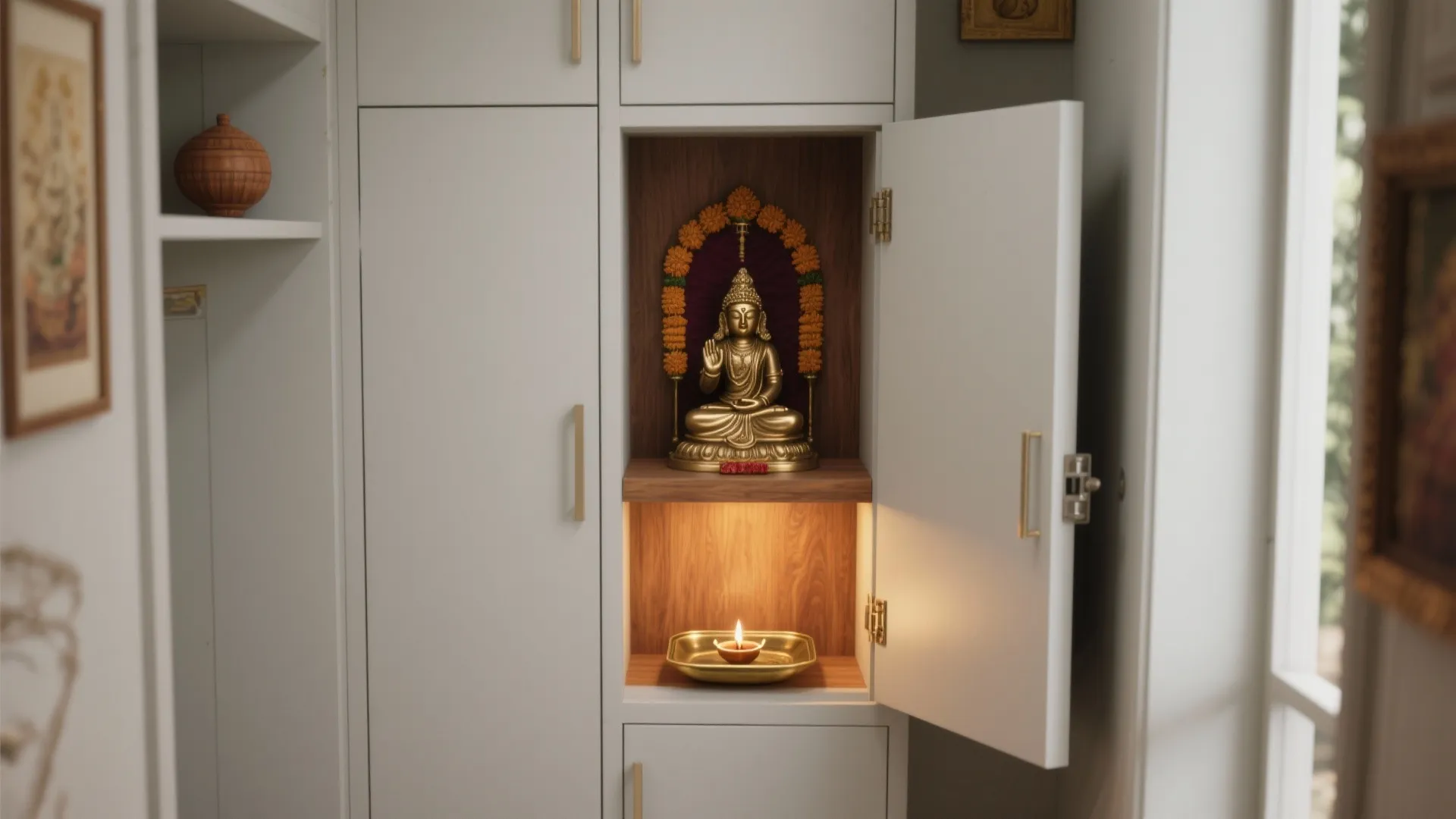 Pocket-Door Pooja Cabinet for Small Homes