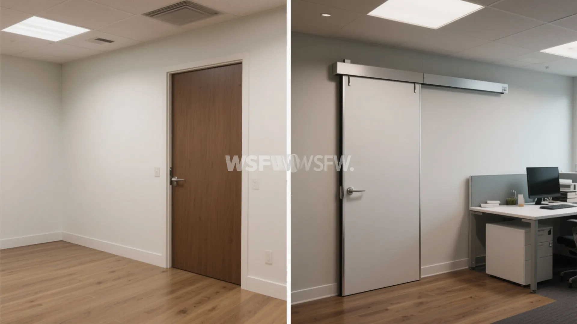 Split screen comparison showing a traditional brown wooden door replaced by a white sliding door