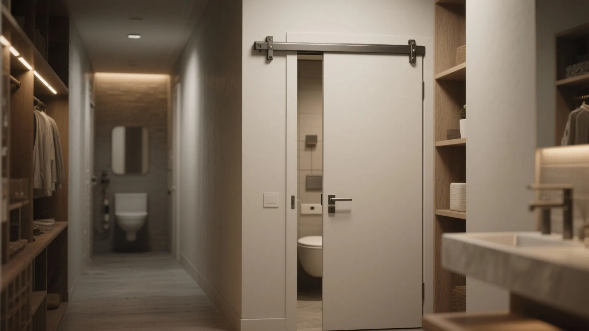 Pocket door saving swing space with efficient corridor storage in a compact home