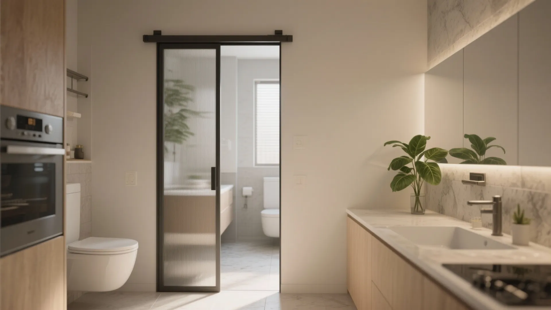 Modern kitchen view looking through a sliding glass door into a bright and clean bathroom