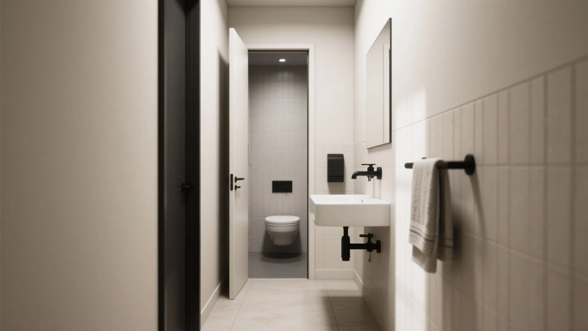 Minimalist white bathroom interior design drawing with wall sink black faucet and sliding door layout