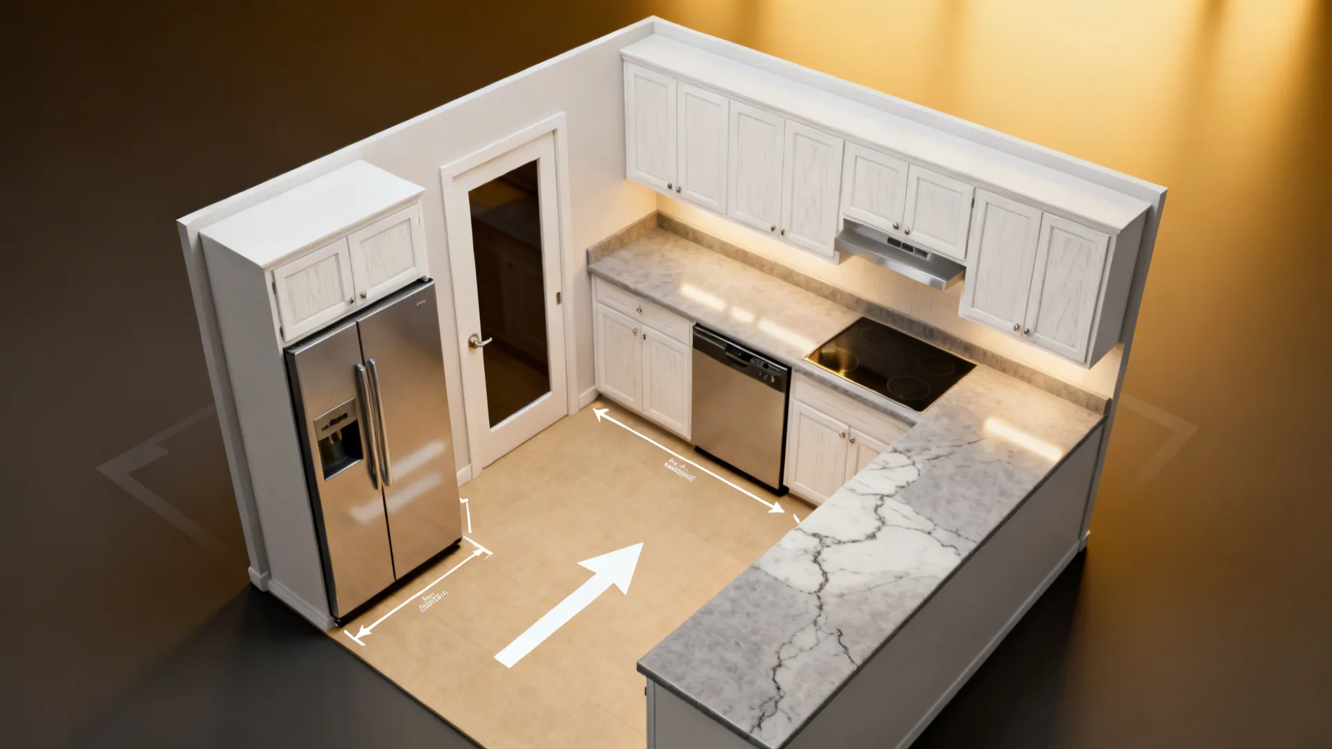 Top-down kitchen plan showing pocket door cavity and appliance clearances.