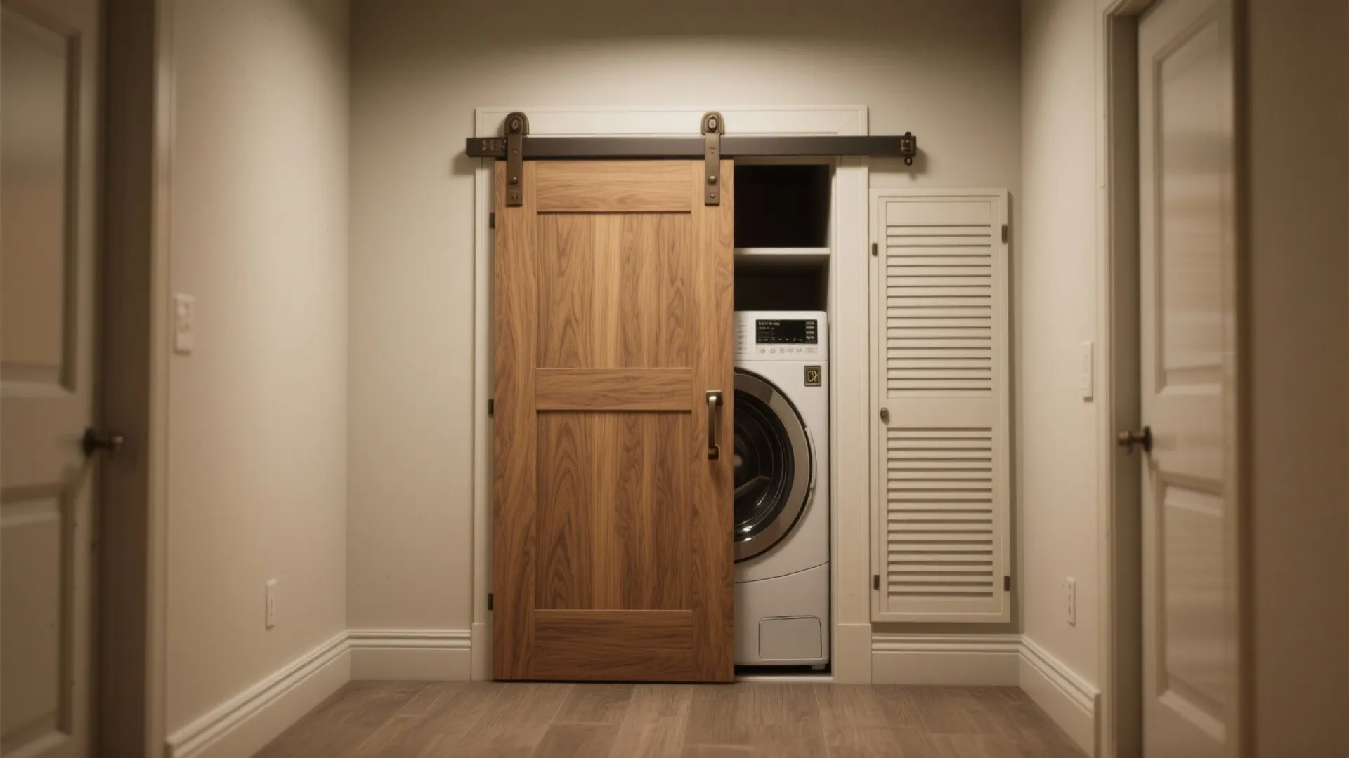 Wooden sliding door partially covering a laundry closet with a washing machine and white door