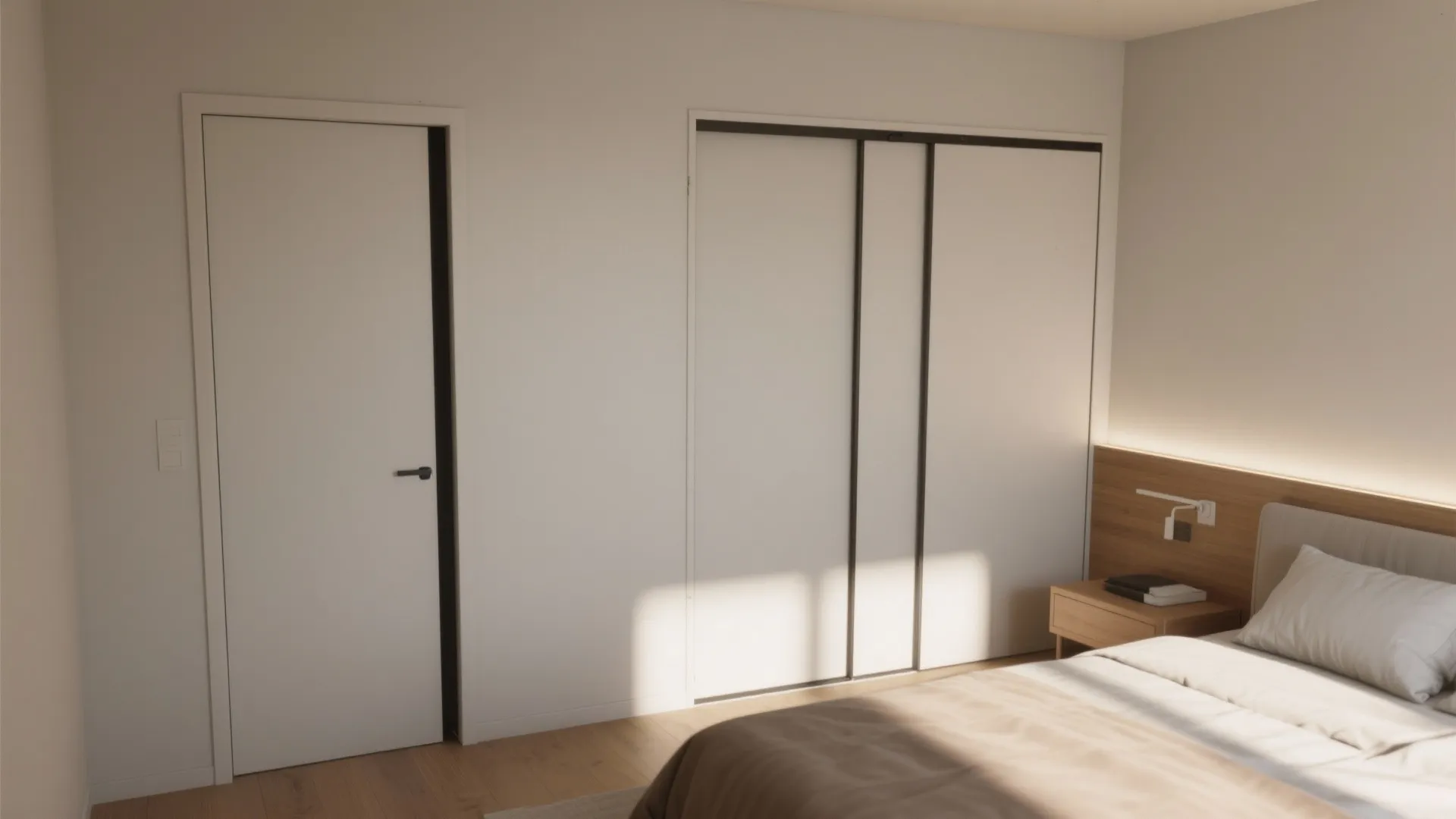 Modern white bedroom with minimalist door large sliding closet wood floor and warm morning sunlight