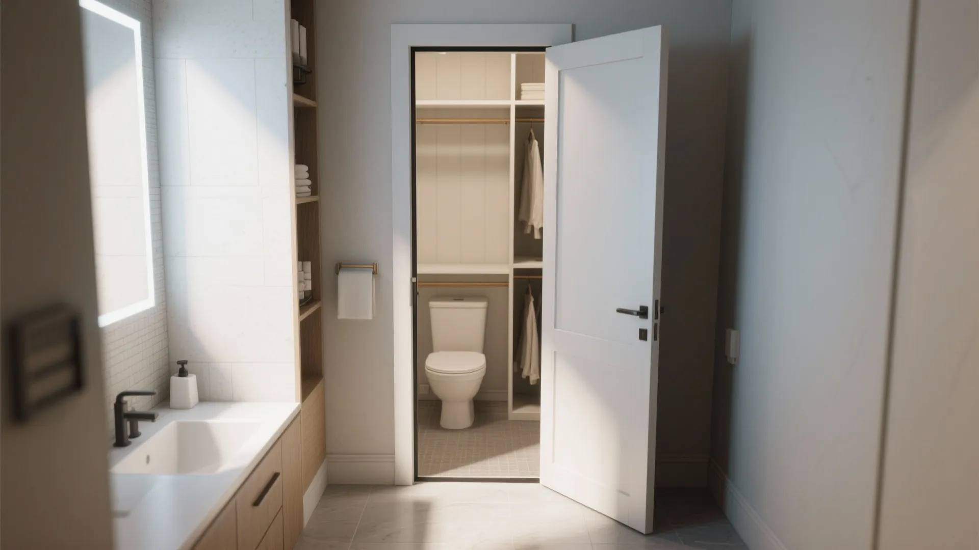 Modern bathroom view looking through an open white door into a small toilet room closet