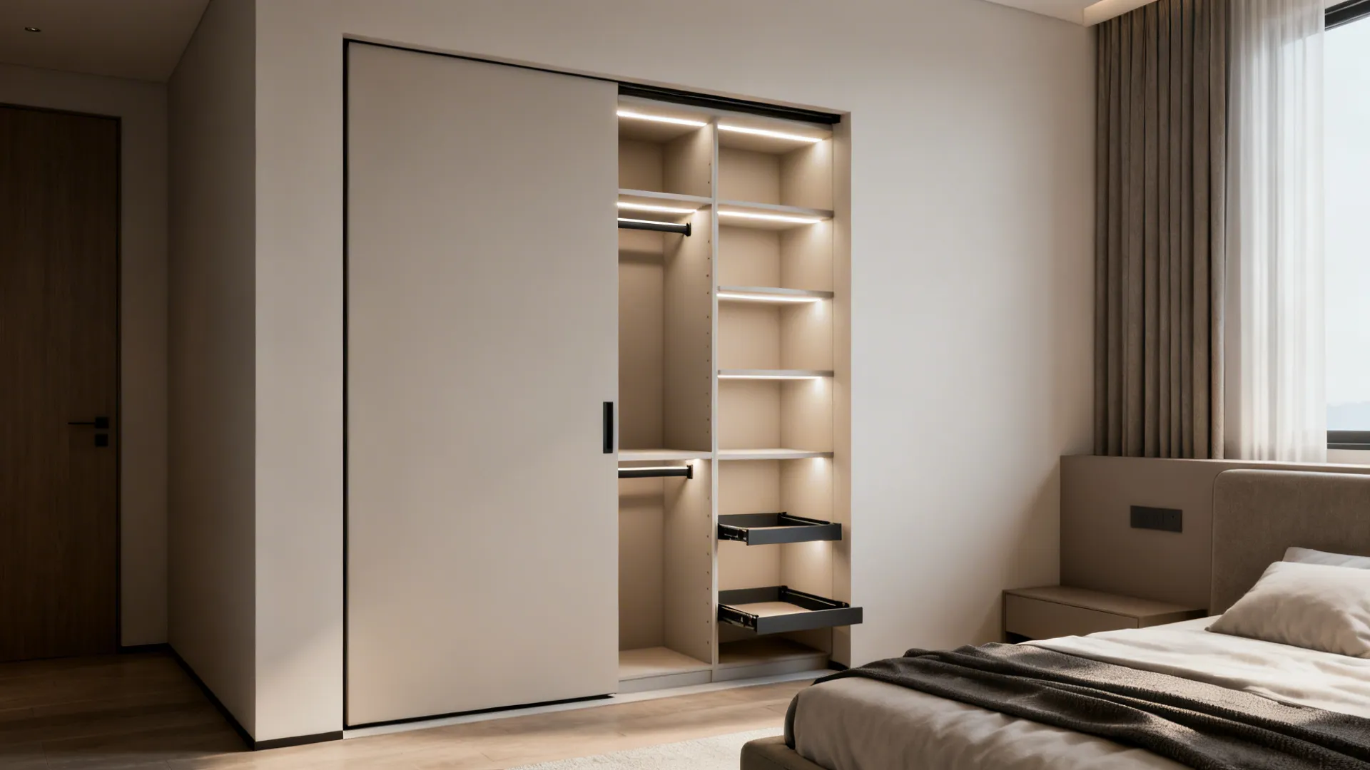 Walk-in closet with a recessed pocket door and modular shelving, highlighted by LED strip lights.