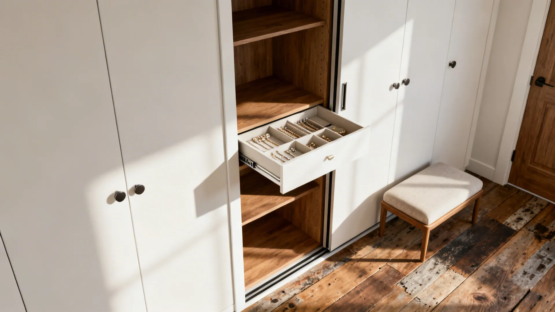 Pocket door opened to reveal a walk-in closet with built-in jewelry drawer and added bench using reclaimed floor space.