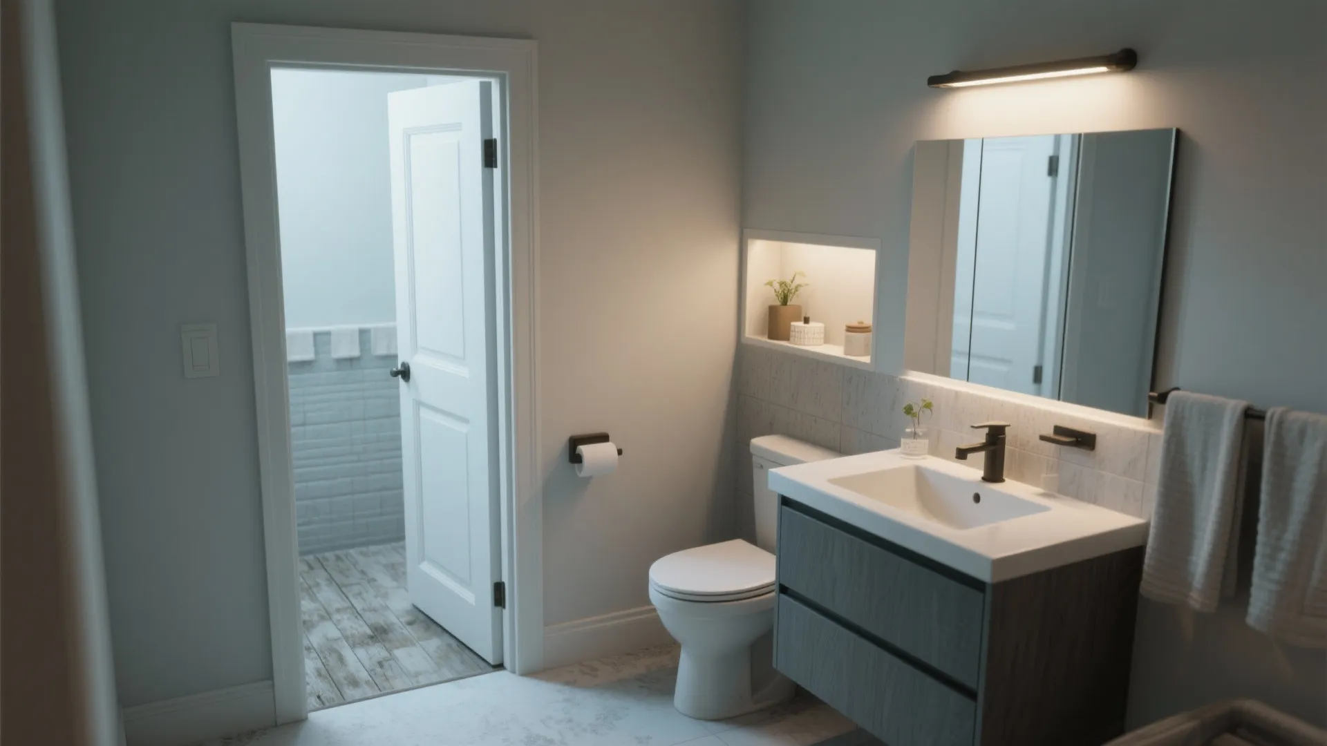 3. Pocket Door + Compact Fixtures